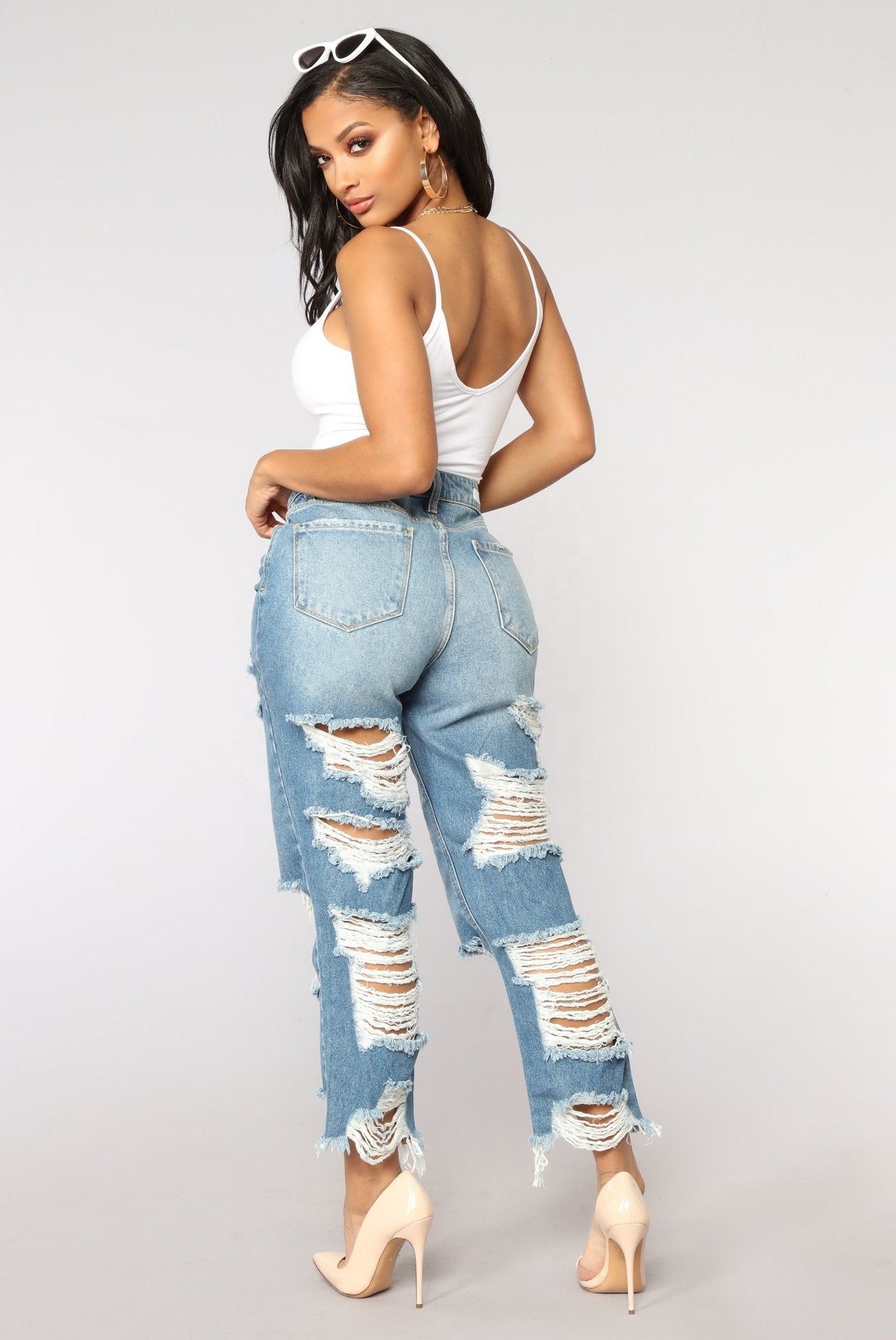 Versatile Wide Leg High Quality Jeans Pants Trousers Drawstring Blue Jean Pants for Women Destroyed Ripped Casual Jean Pants