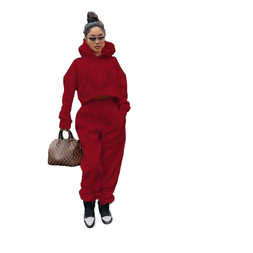 S - 3XL INS Fashion Winter Hoodies Two Piece Tracksuit Casual Womens Fleece Hoodie and Jogger Set - My Store