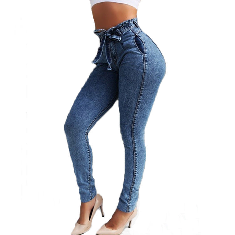 Plus Size Clothing 4XL 5XL Slim Stretch Denim Jean Bodycon Tassel Belt Bandage Skinny Push Up Jeans High Waist Jeans for Women