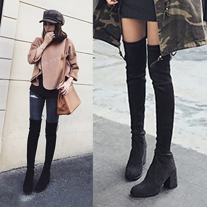 Women's Fashion Long Boot Manufacturers Thigh High Thick Heel Boots Comfort Stretch Suede Knee Boots