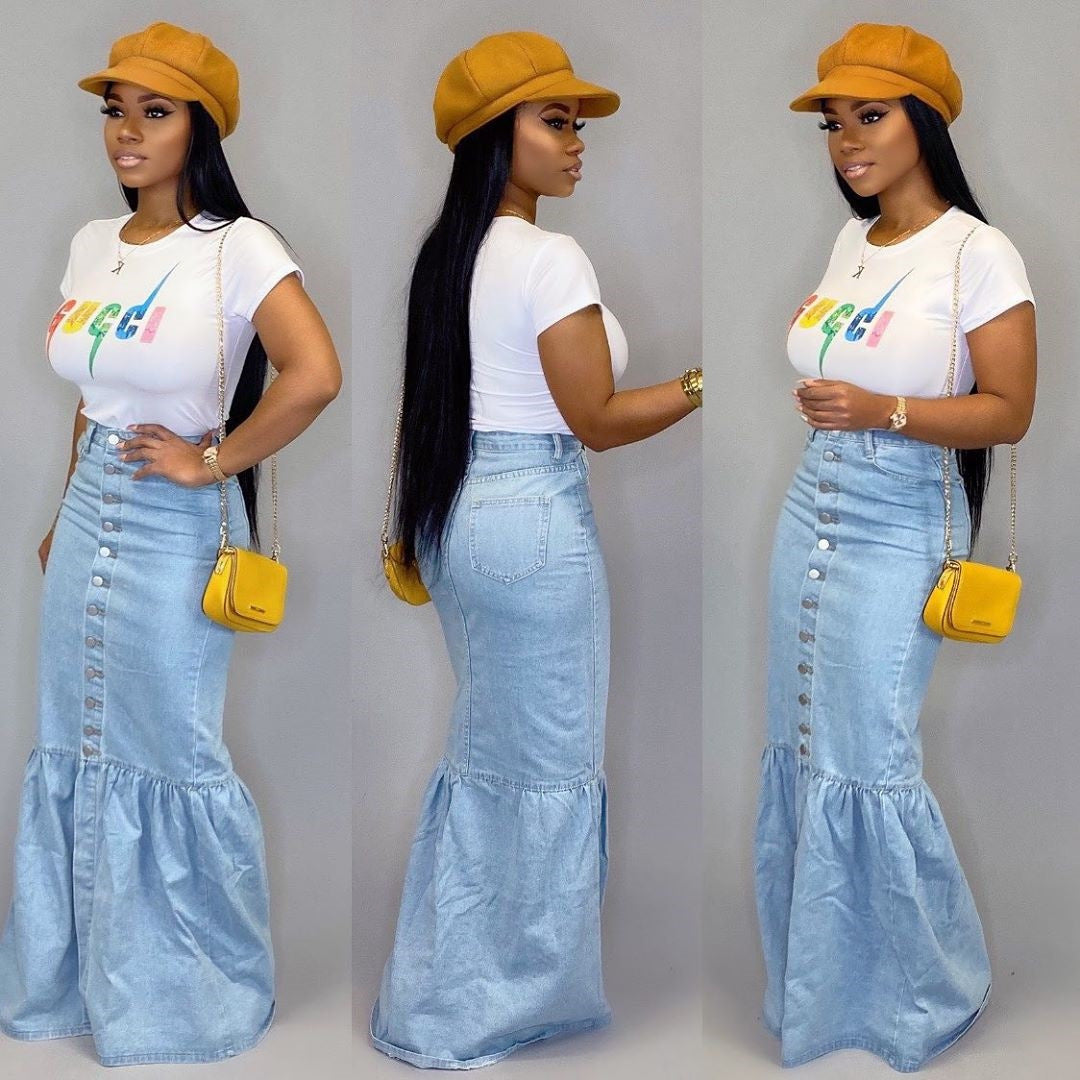 New Product Wholesale Long Denim Skirts Slim Flower Denim Skirt Ladies  Denim Skirt