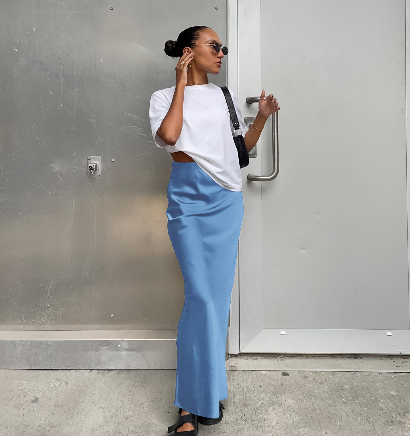 OOTN Fashion Slim High Waist Skirts Women Female Solid Office Long Skirt Spring Summer Elegant Satin Black Trumpet Skirts