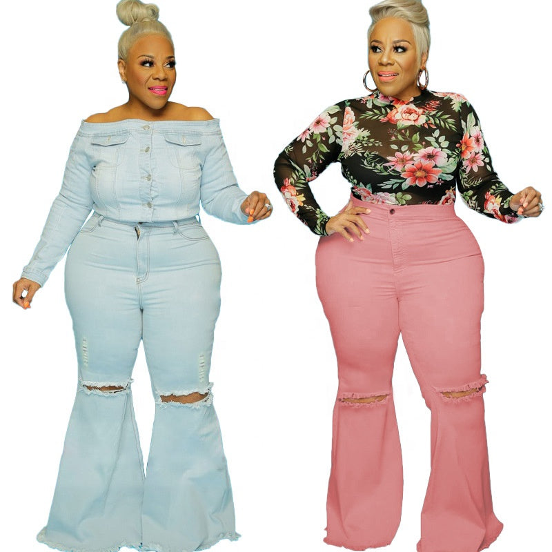 LW21105 Designer Denim Boyfriend Flare Jean Pants Plus Size Women's Jeans