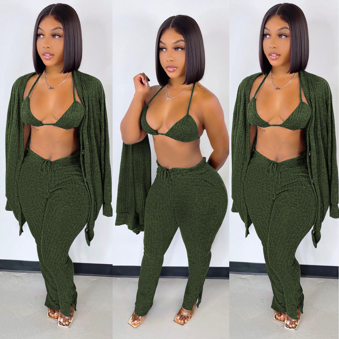 3 Piece Pants Set Winter Outfits for Women Yoga Bra Button Down Shirt and Split Pants Rib Knit Cotton Pant Set Womens Clothing