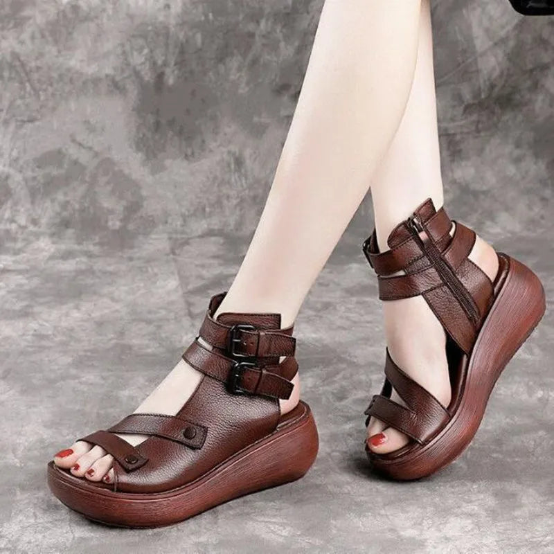 Women Summer Sandals Mid Heels Wedges Shoes Ladies Vintage  Leather Plus Size Sandalias Mujer Sapato Feminino Sandal Platform