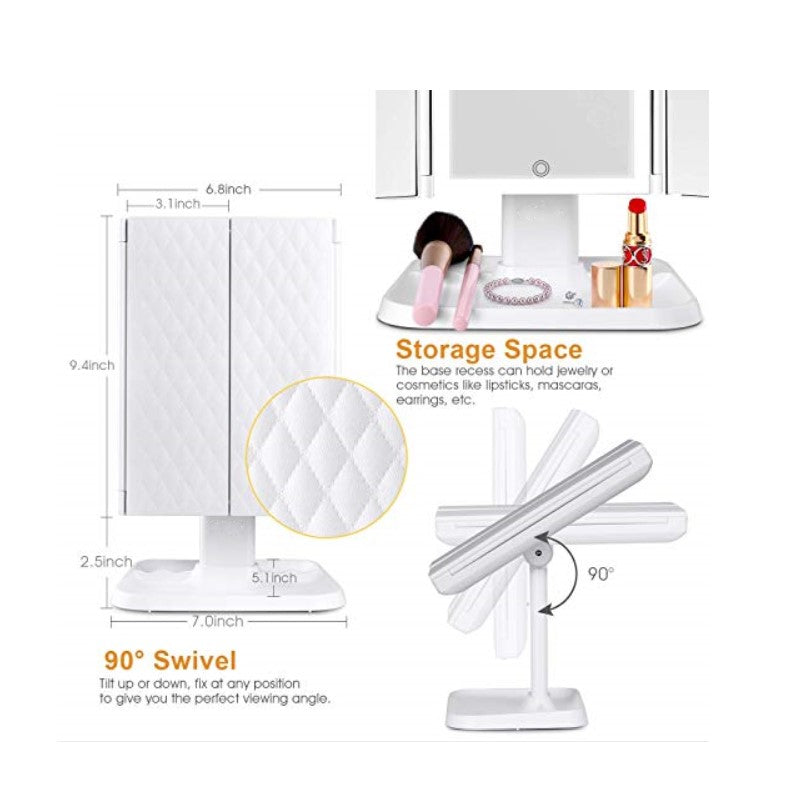 2021  Mirrors News  Professional 3 Folding Flexible Base Makeup Mirror With LED Lights Auto-Shut Off Lights Function