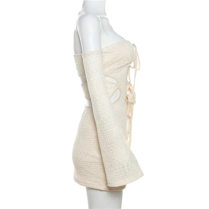 OUDINA Fashion Solid Off-Shoulder Knit Short Dress Elegant Dresses Simple Women's Dresses