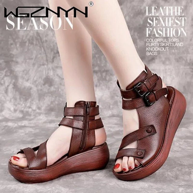 Women Summer Sandals Mid Heels Wedges Shoes Ladies Vintage  Leather Plus Size Sandalias Mujer Sapato Feminino Sandal Platform