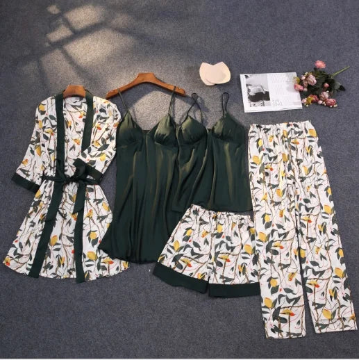 Matching 5 Piece Lace Silk Pajama Short Set Sexy Pajamas for Women