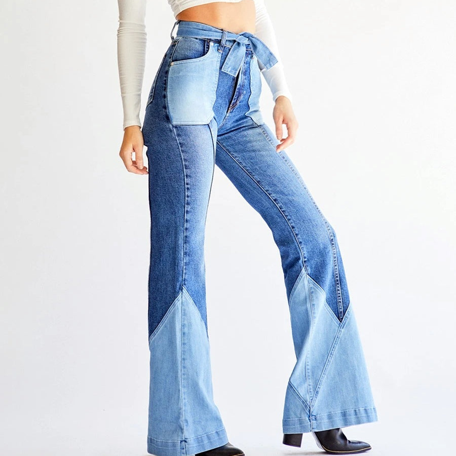 NS043 Vintage High Waist Splicing Ladies Trousers Jeans for Girl Denim Jean Flared Jeans Pants