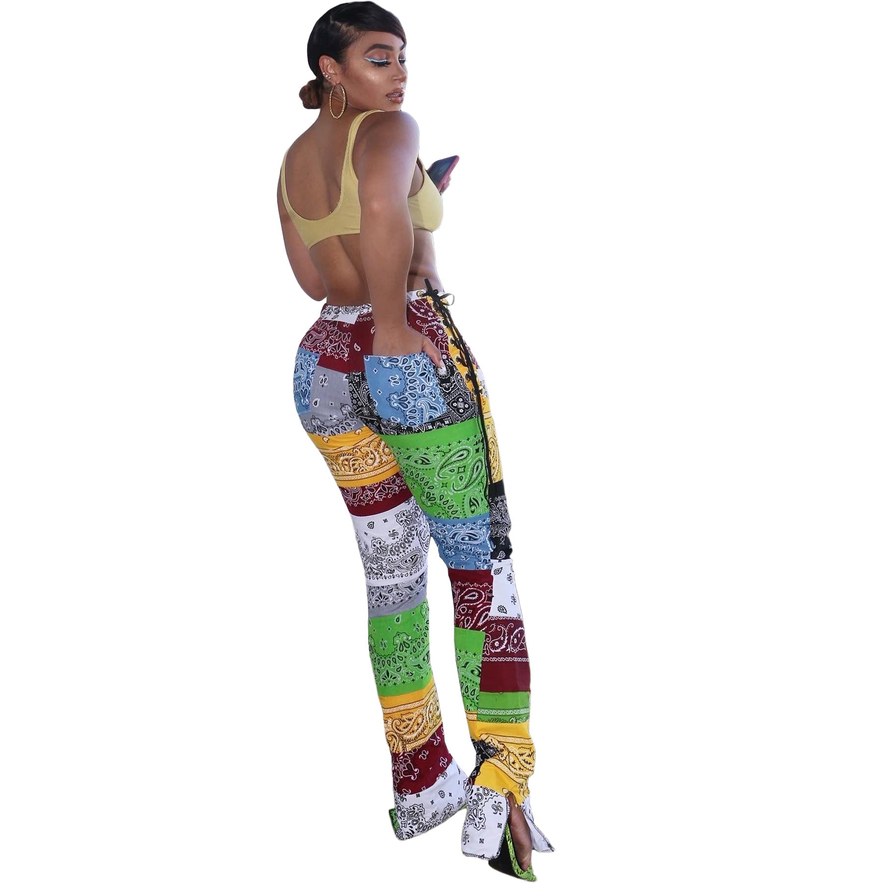 JY39 Women's New Patchwork Slit Printed Clothing Stylish Jogging Pant for Women Casual Pants