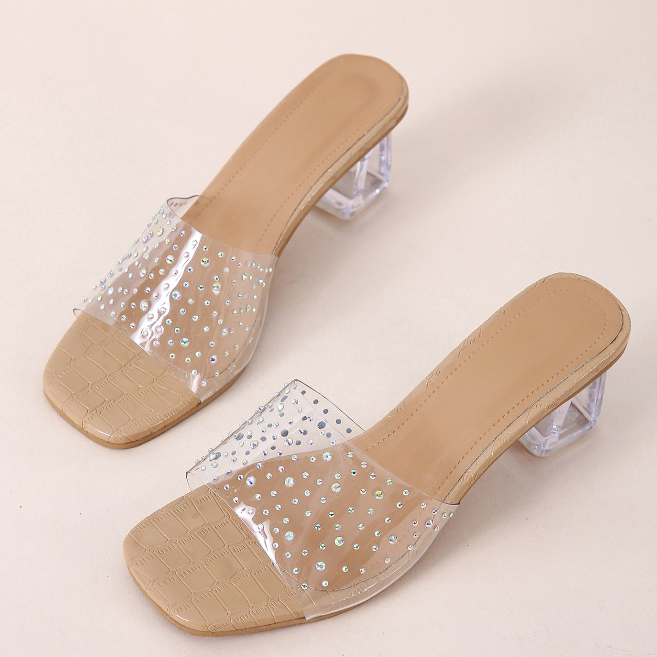 Stylish Slipper Ladies Outdoor High Heeled Women Crystal Fabric Flip Flops Shoes Women's New Square Toe Crystal Sandals Slippers