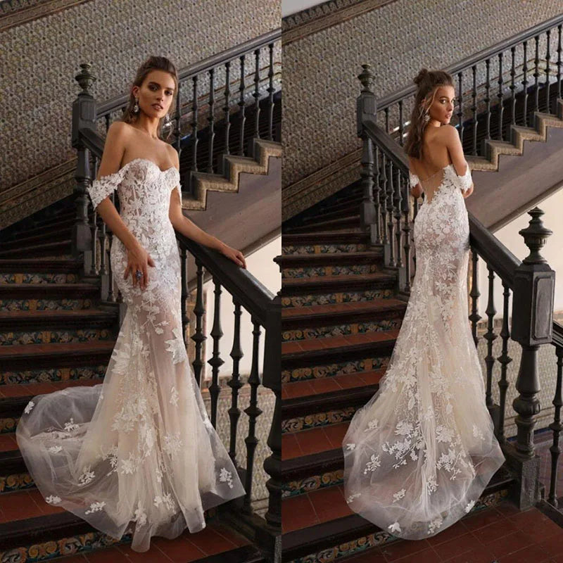 SoDigne Ivory Mermaid Wedding Dresses Off Shoulder Lace Appliques Backless Bridal Dress Luxury Sweep Tail Wedding Gown - My Store