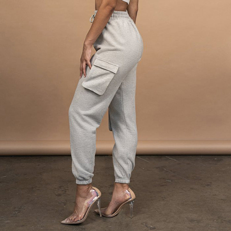Women's Clothing Fashion Solid Color With Pockets Tie Trousers Sports Pants Casual Cargo Pants