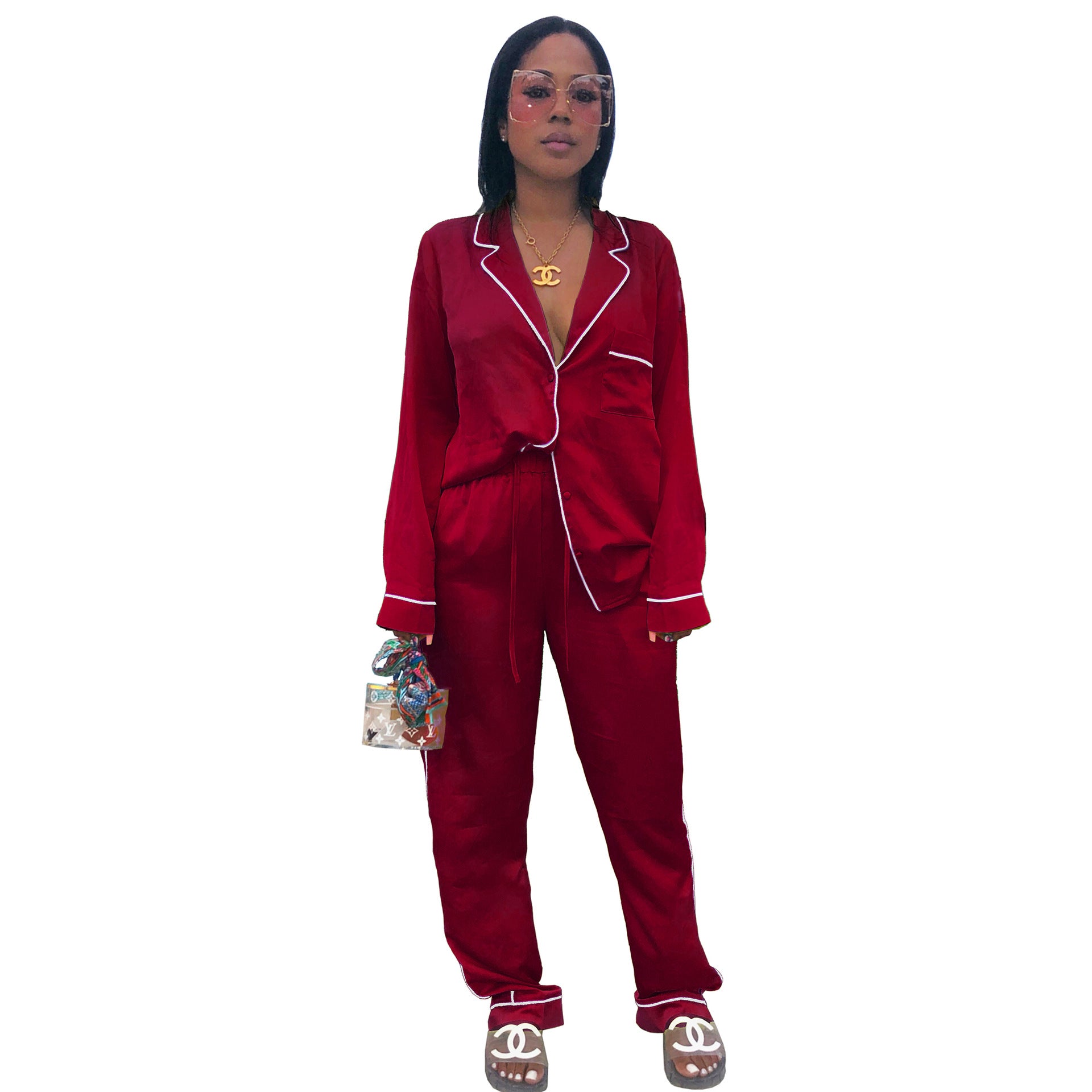 Long Sleeve Mommy and Me Two Piece Pajamas HOBISH Women Silk Pajama Sets