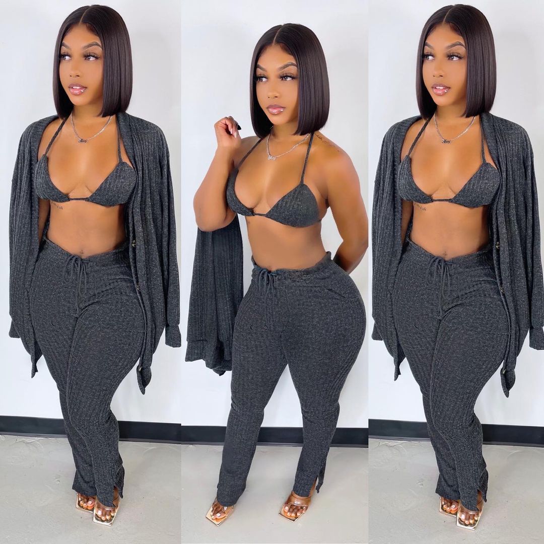 3 Piece Pants Set Winter Outfits for Women Yoga Bra Button Down Shirt and Split Pants Rib Knit Cotton Pant Set Womens Clothing