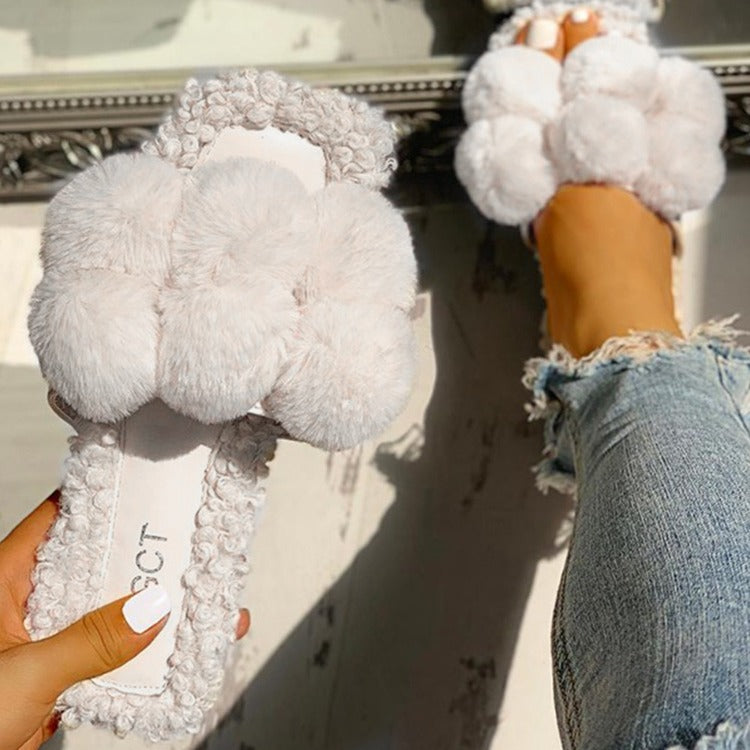Summer Women Slippers Faux Fur Slides for Women Fluffy Slippers Female Shoes Outdoor Slippers Fur Pom Pon Furry Slides