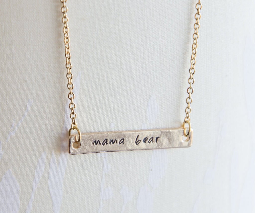 Mama bear necklace, mama and bear cub necklace, hand stamped bar - My Store