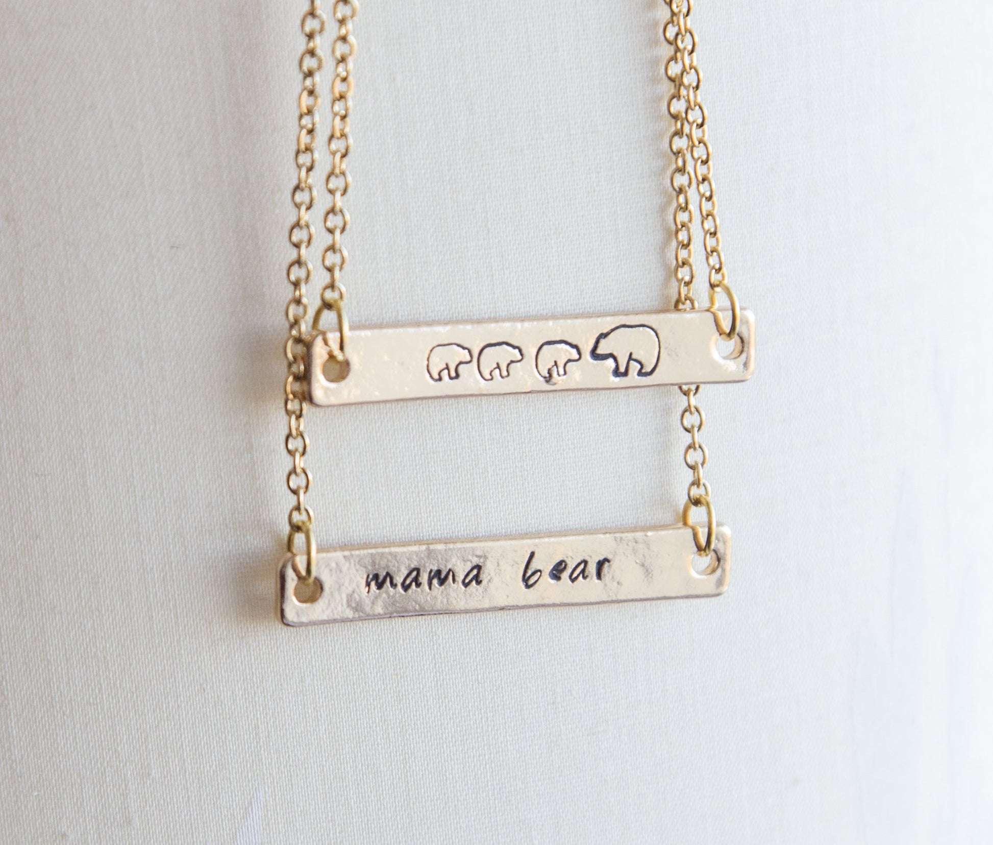 Mama bear necklace, mama and bear cub necklace, hand stamped bar - My Store