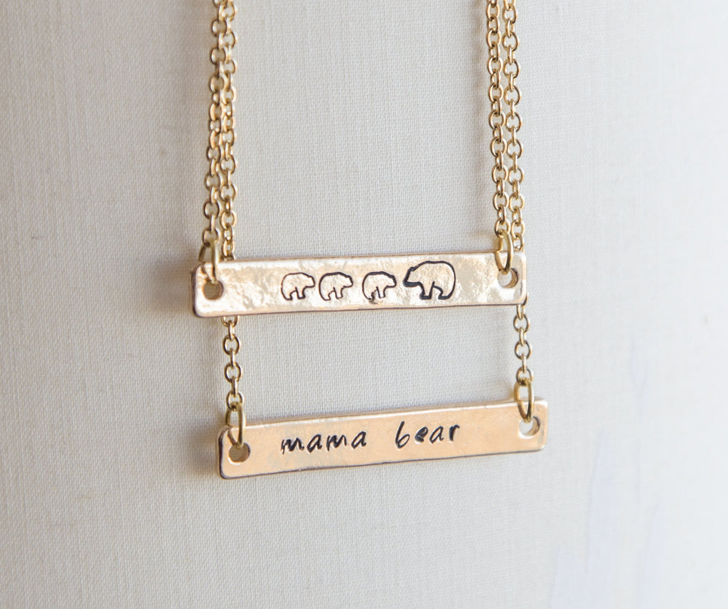 Mama bear necklace, mama and bear cub necklace, hand stamped bar - My Store