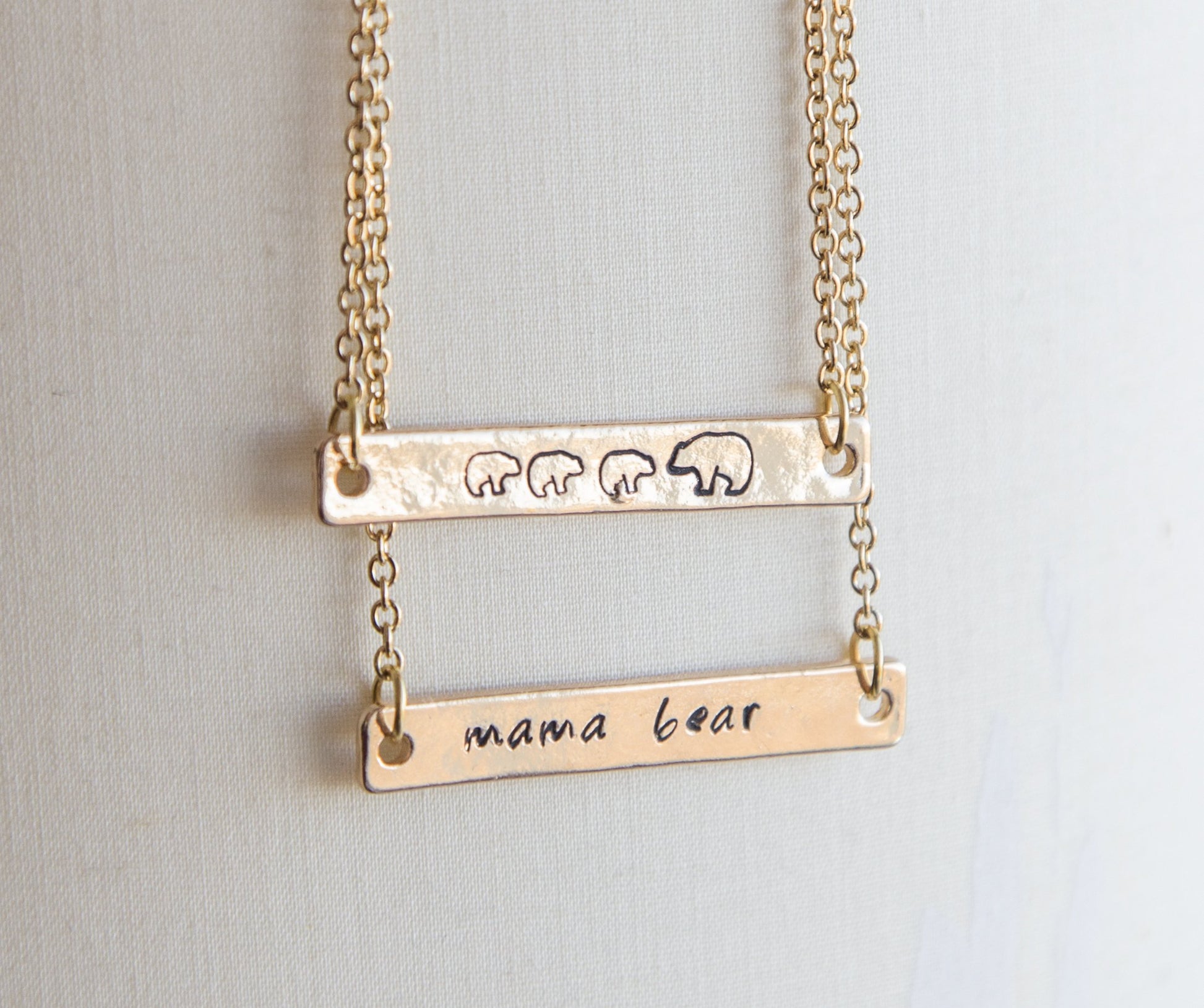 Mama bear necklace, mama and bear cub necklace, hand stamped bar - My Store