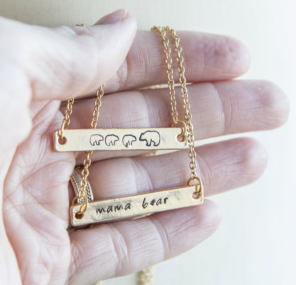Mama bear necklace, mama and bear cub necklace, hand stamped bar - My Store