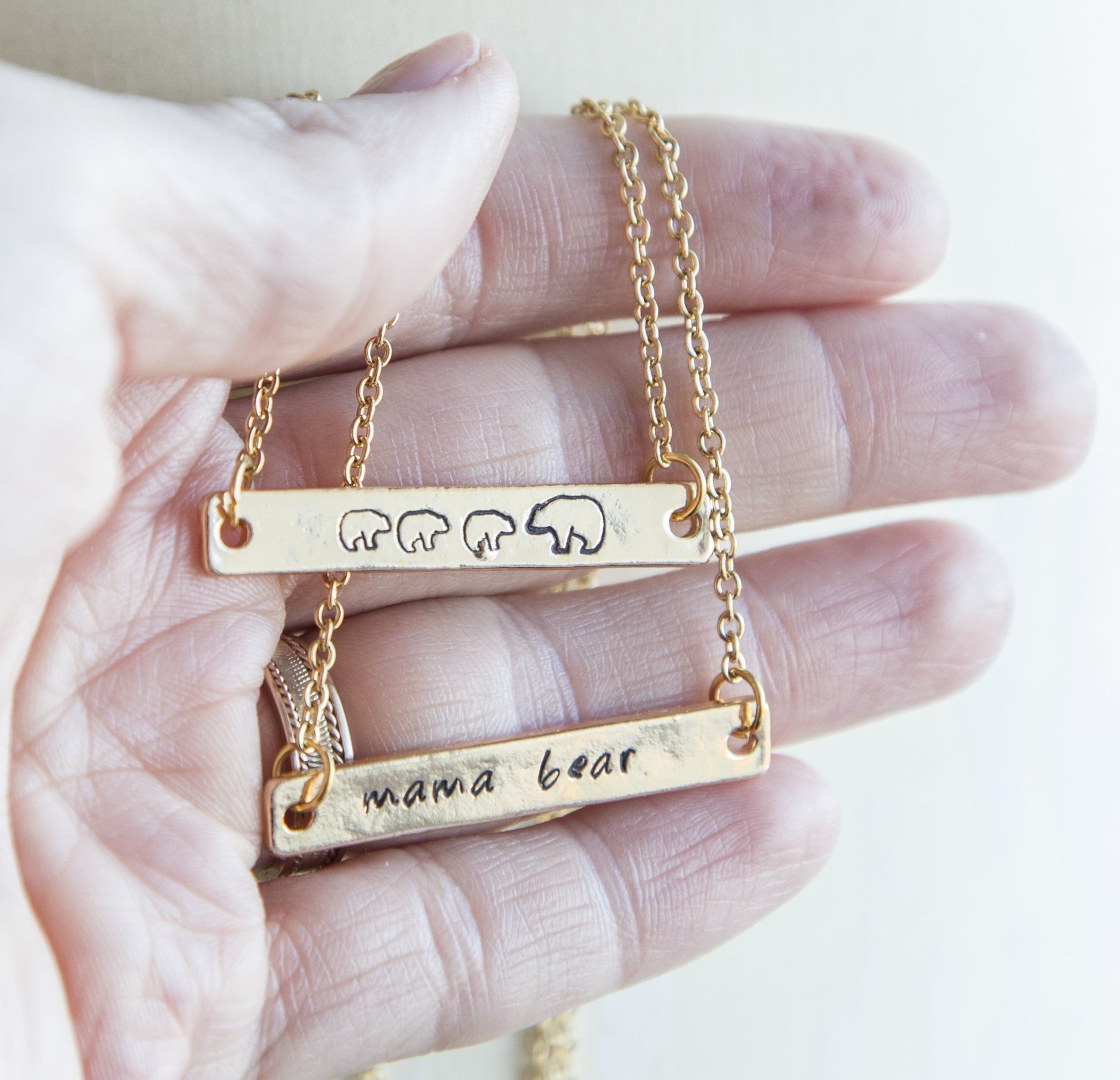 Mama bear necklace, mama and bear cub necklace, hand stamped bar - My Store