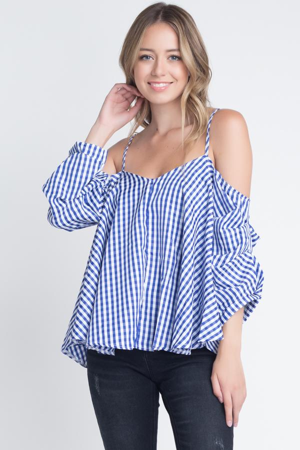 Women's Cold Shoulder Checkered Top - My Store