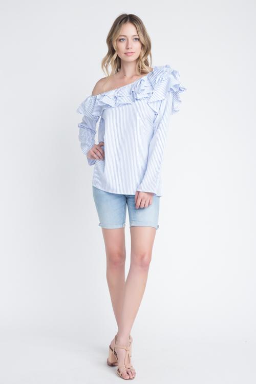 Women's One Shoulder Stripe Ruffle Top - My Store