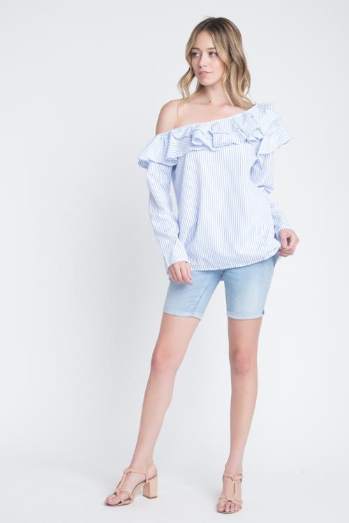 Women's One Shoulder Stripe Ruffle Top - My Store