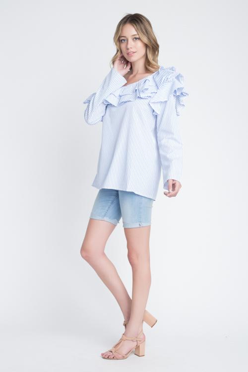 Women's One Shoulder Stripe Ruffle Top - My Store