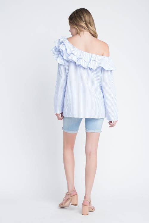 Women's One Shoulder Stripe Ruffle Top - My Store