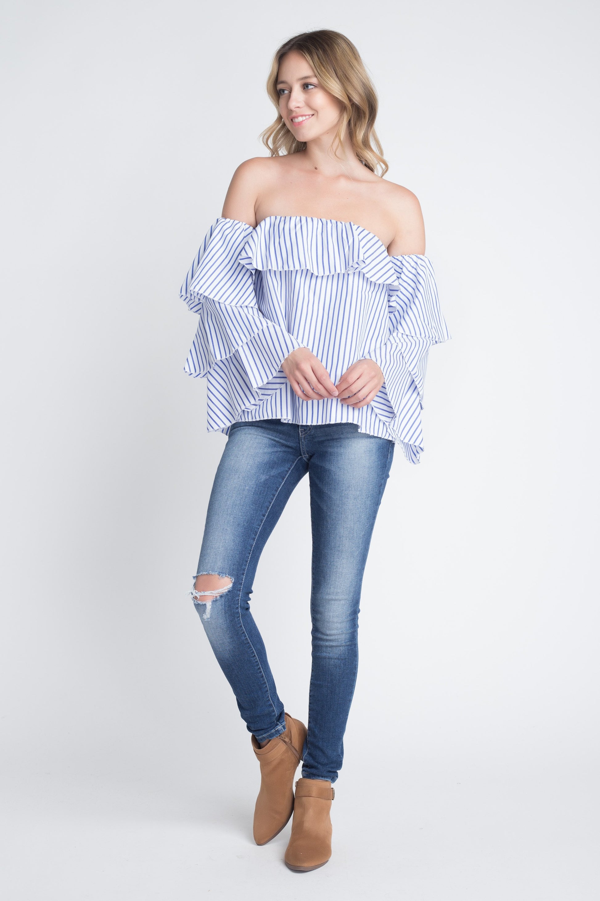 Women's Off Shoulder Stripe Ruffle Long Sleeve Top - My Store
