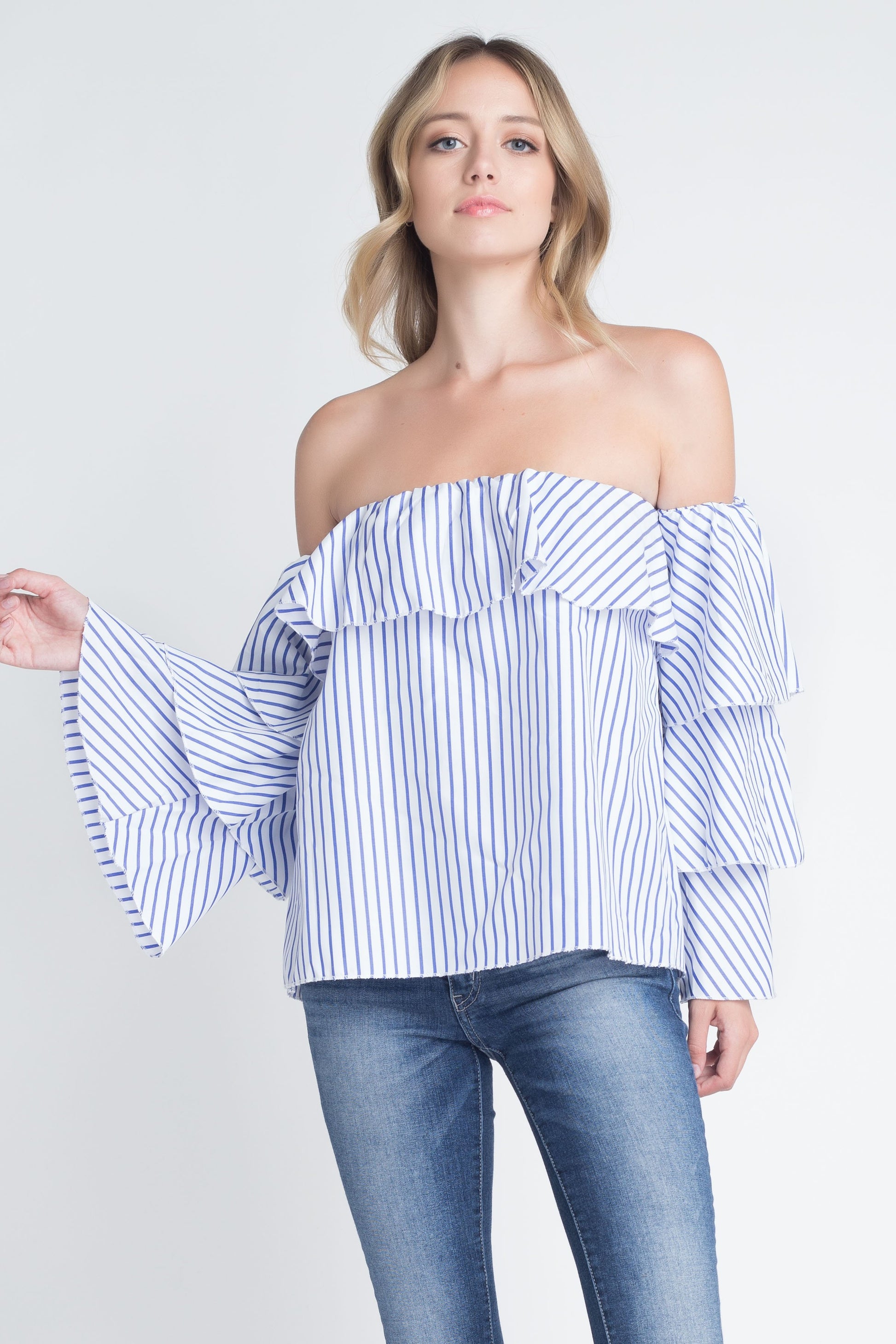 Women's Off Shoulder Stripe Ruffle Long Sleeve Top - My Store