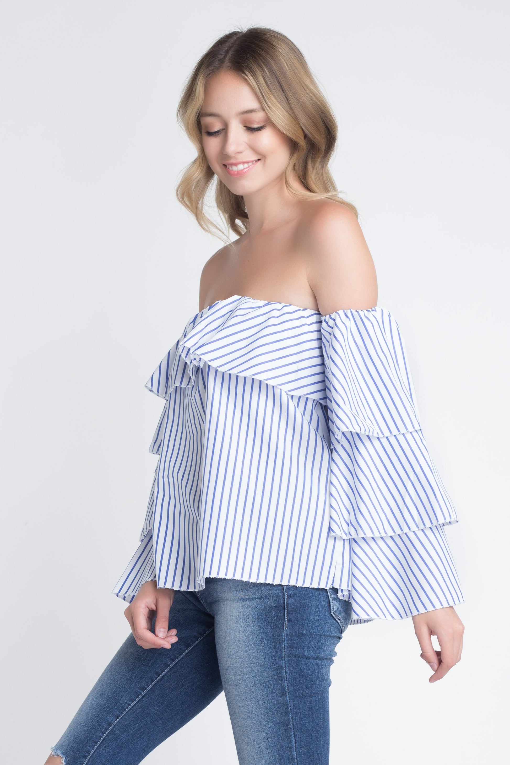 Women's Off Shoulder Stripe Ruffle Long Sleeve Top - My Store
