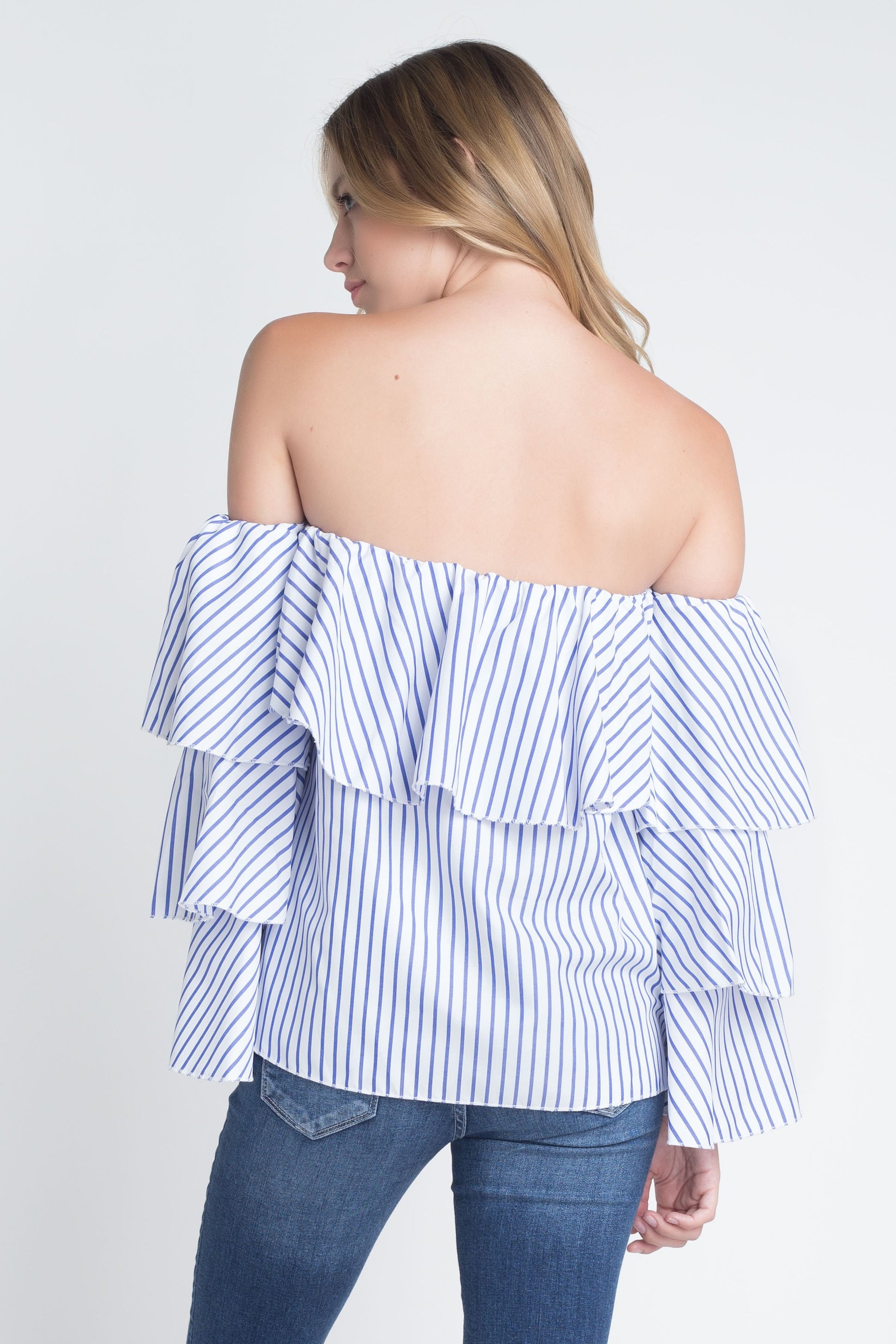 Women's Off Shoulder Stripe Ruffle Long Sleeve Top - My Store