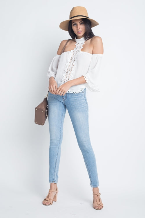 Women's High Neck Long Sleeve Crochet Top - My Store