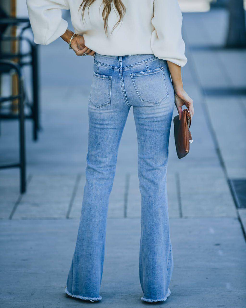 Simple Slim-fit Washed Denim Trousers With Pockets For Women - My Store