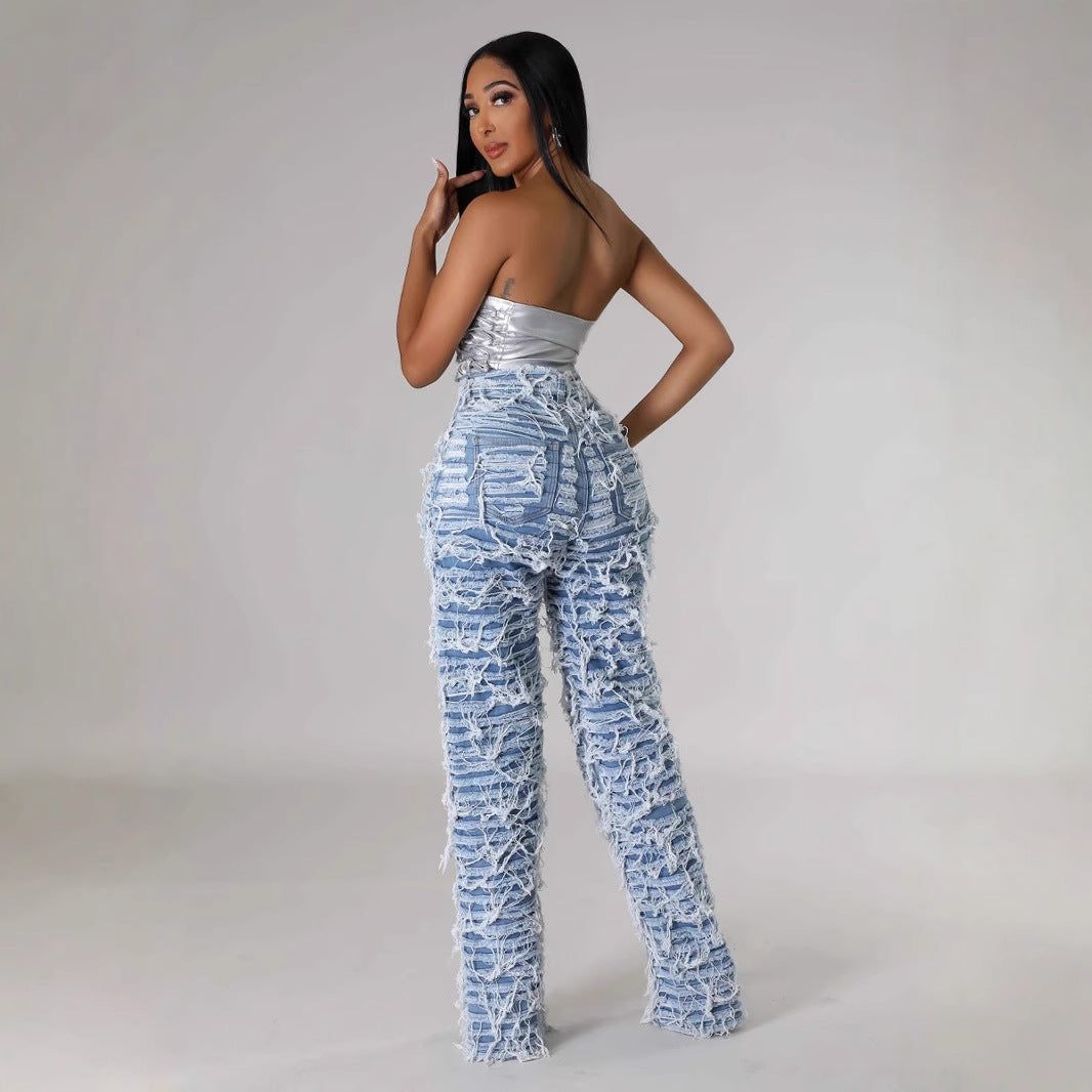 25 Edition – Women’s High Waist Ripped Tassel Denim Pants - My Store