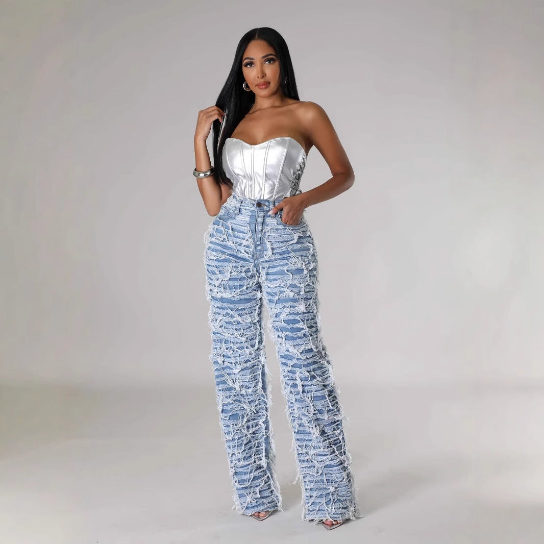 25 Edition – Women’s High Waist Ripped Tassel Denim Pants - My Store