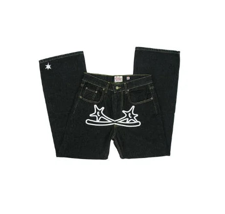 Y2k Men Retro Harajuku Clothing  New Baggy Casual Wide Leg Jeans Hip Hop Print Jeans Trend Fashion Black High Waist Jean