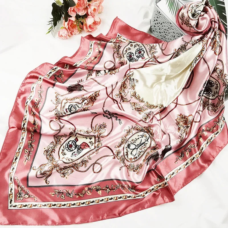 90cm Neckerchief Silk Satin Women Hijab Scaves Fashion Floral Print Headband Neck Scarfs Female Square Shawls Scarfs for Ladies