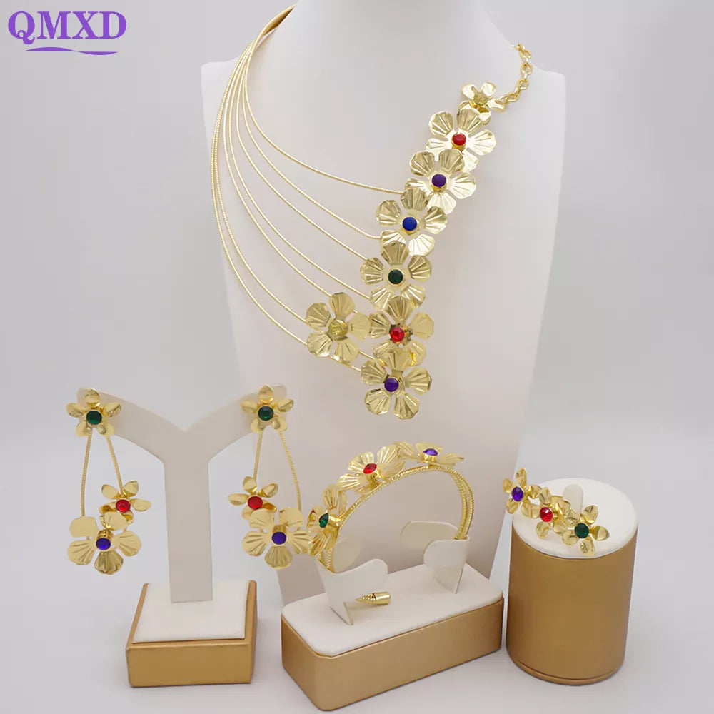 Dubai Gold Color Flower Jewelry Sets for Women Costume India Jewellery Set African Beads Jewelry Sets Wedding Gift