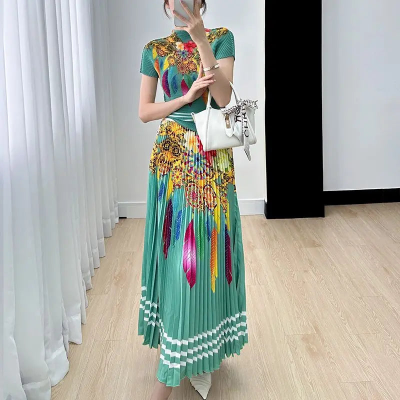 Elegant Two Piece Skirt Set Costume Women's Suit Skirts Pleated Skirt  Female Outfit Women's Casual Skirts Blouses Wrinkle Set