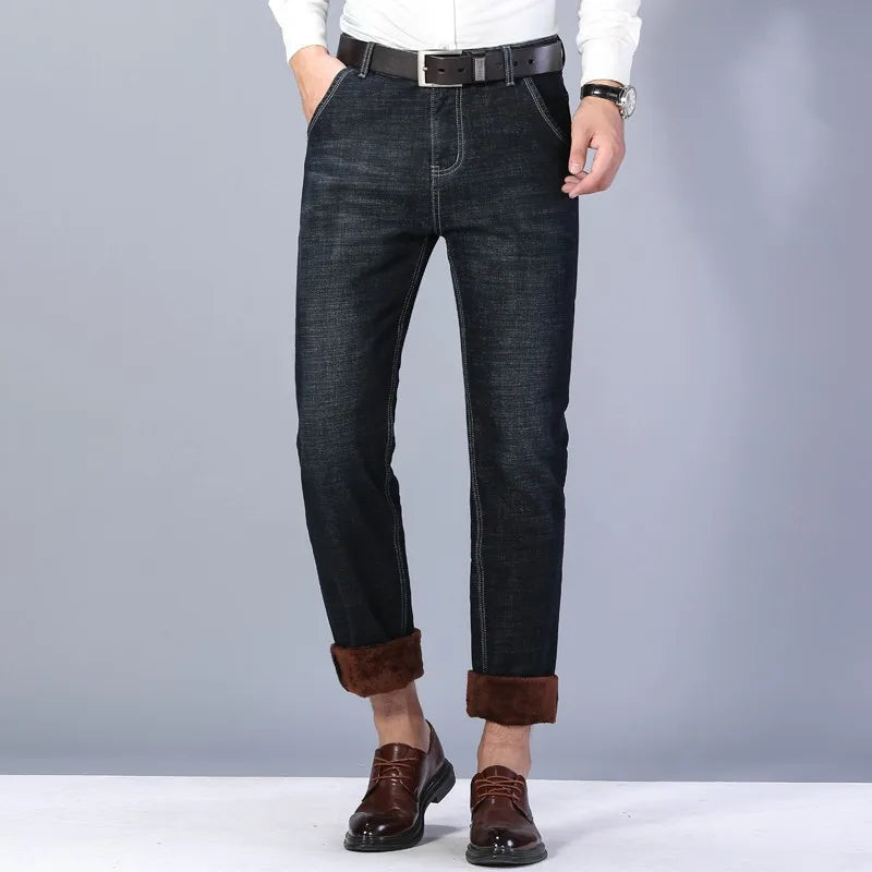 Witner  Slim Fit Stretch Thick Velvet Pants Warm Jeans Casual Grey  Fleece  Winter Jeans Men Black Elasticity Grey Jean