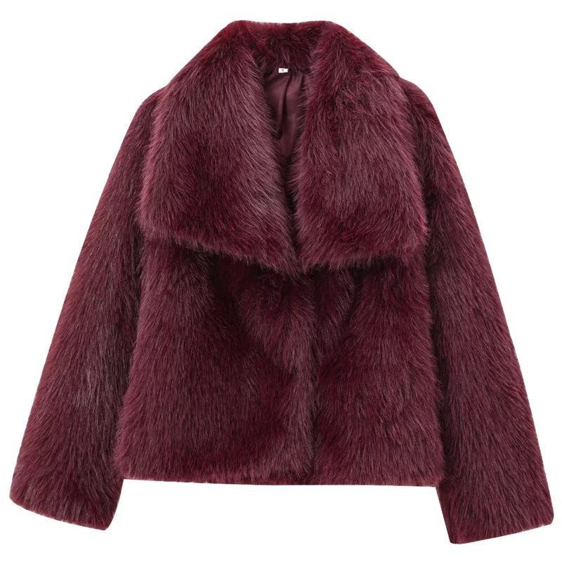 HXAO Women's Fur Coat Women  Plush Burgundy Bomber Jacket Solid Crop Long Sleeve Jacket Warm Winter Coats Woman Casual Coats