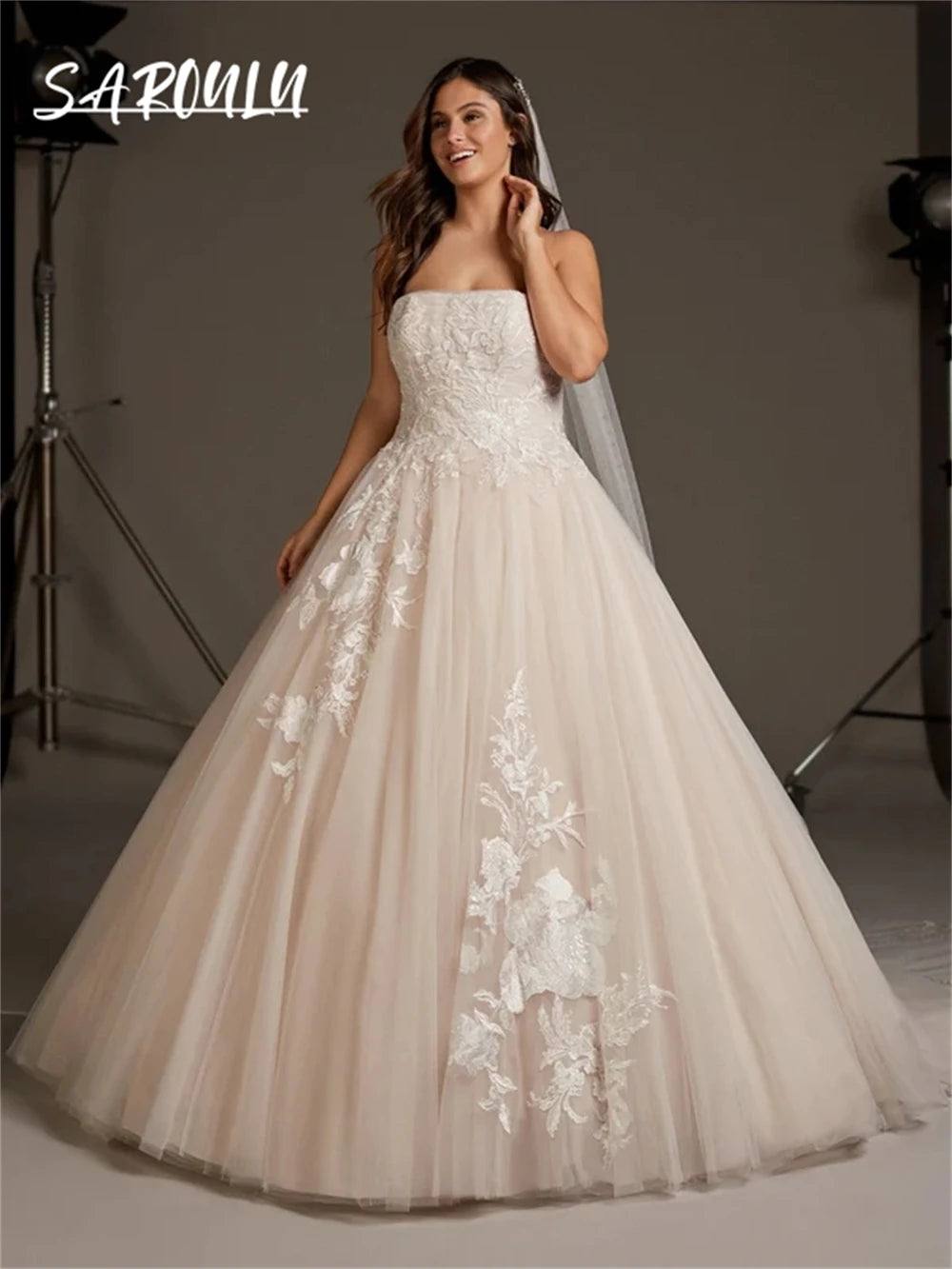 Light Champagne Lining Wedding Dress for Women 2024 Tulle With Lace Appliques Strapless Bride Dresses Robe De Mariee Bridal Gown - My Store