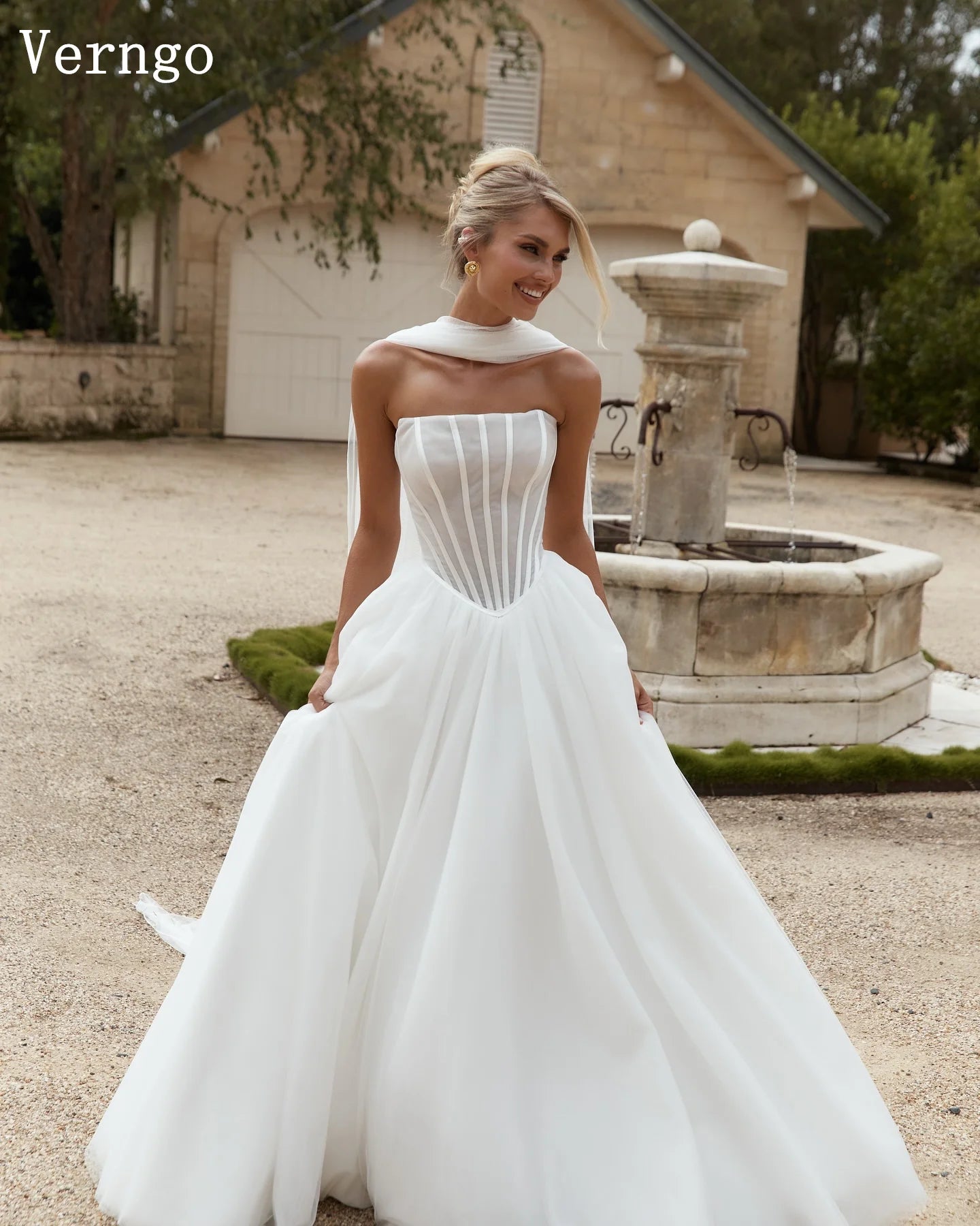 Verngo Lvory Tulle Wedding Dresses Strapless a Line Long Women Bridal Gowns Bown Maxi Bride Dresses Customized - My Store