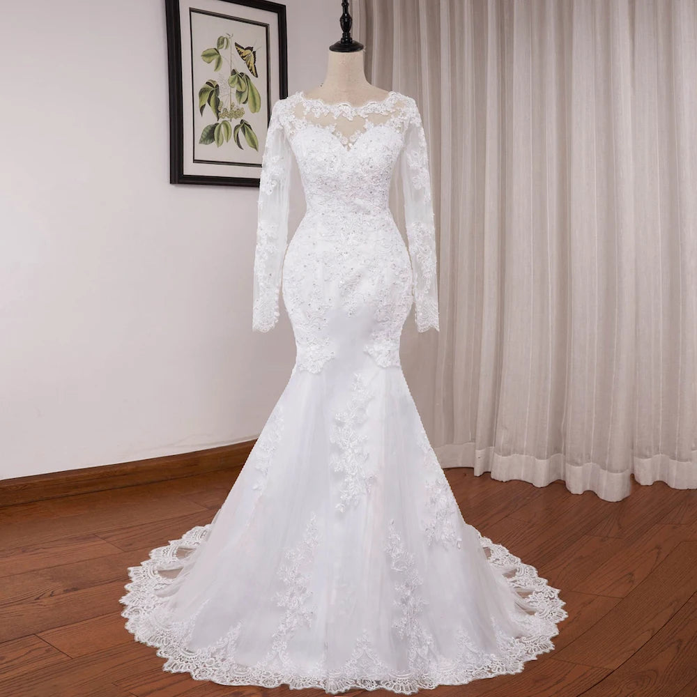 Mermaid Wedding Dresses Long Sleeve O Neck White Wedding Dress Lace Applique Beading Bride Dress Robe De Mariage Customize - My Store