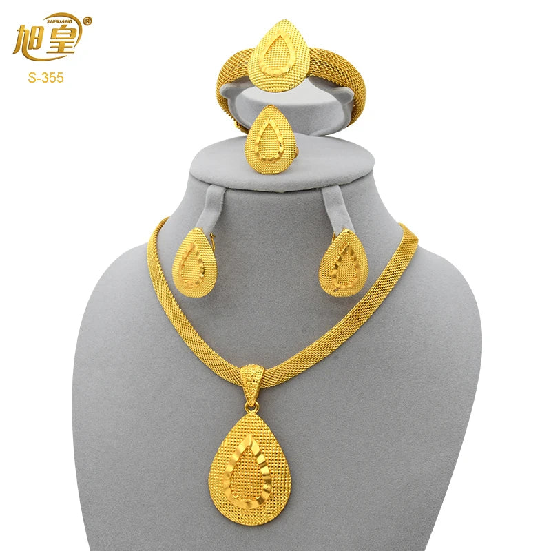 XUHUANG African Necklaces Bracelets Earing Sets Nigerian Wedding Jewelry Set Ethiopian Gold Colour Necklace Jewellery Set Gifts
